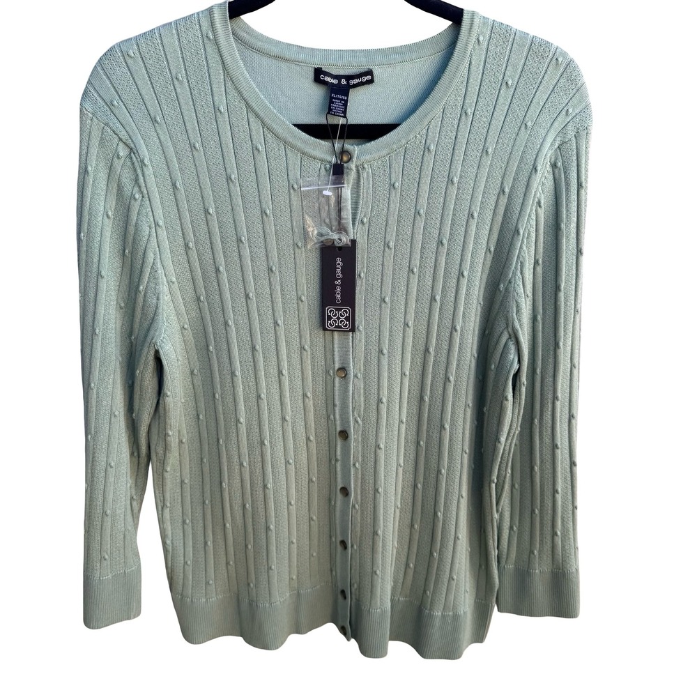 Cable & Gauge Minimalist Pastel Green Pointelle Popcorn Knit Cardigan XL NEW